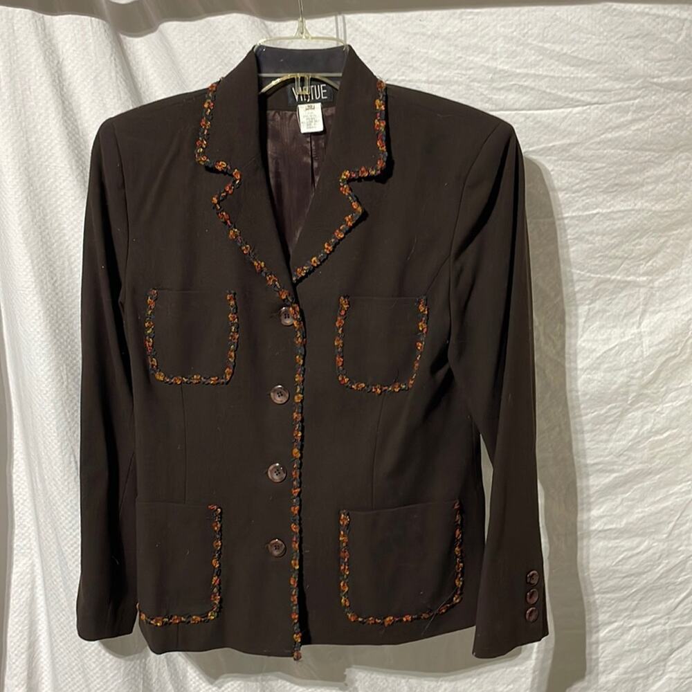 Virtue 10 chocolate brown wool pockets lined orange floral detail vintage wuc